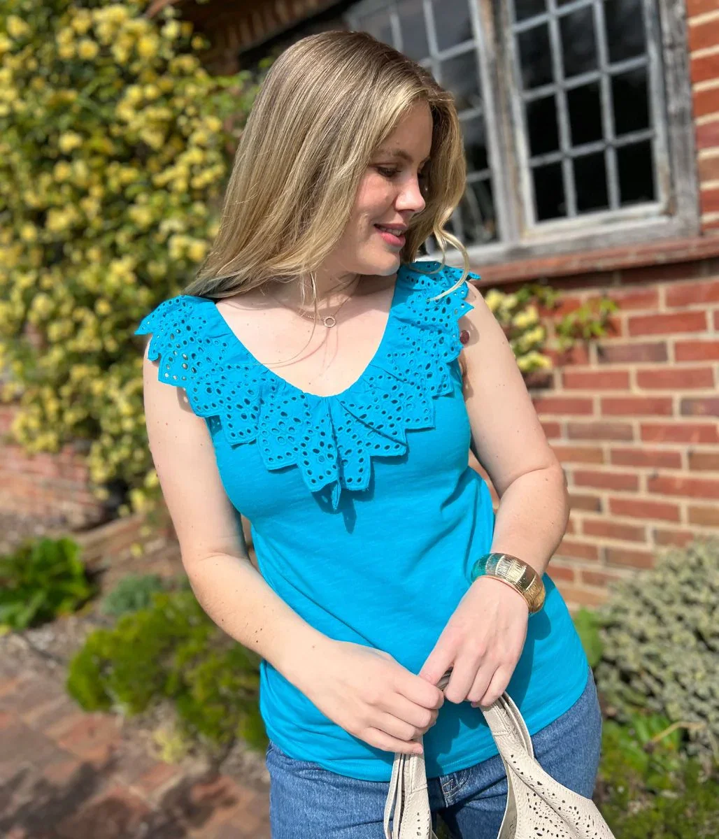 Image of Turquoise Border Anglaise Vest Top