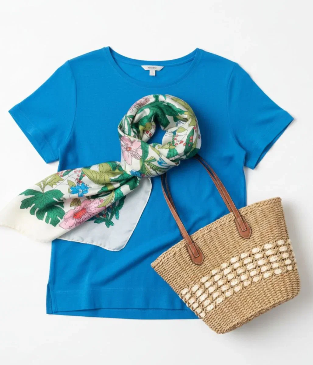 Image of Bright Blue Linen Blend Crew Neck Top