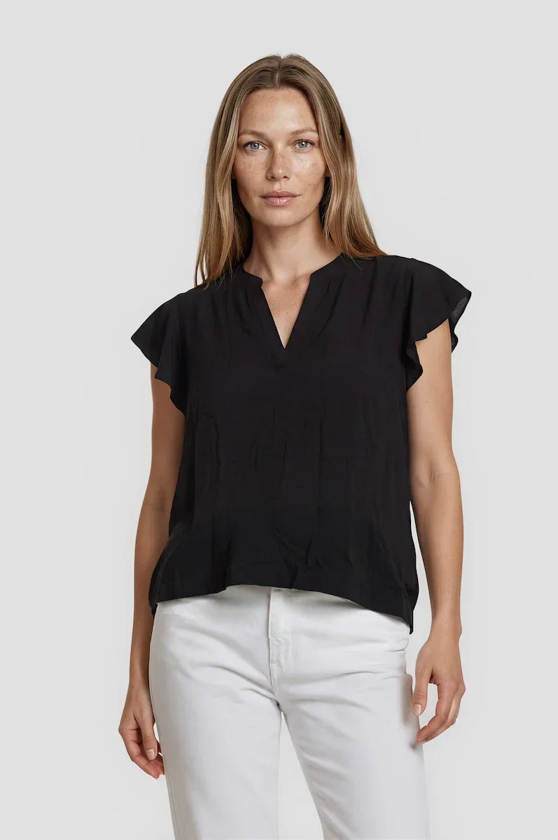 Image of Cap Sleeve V Neck Shirt - Black