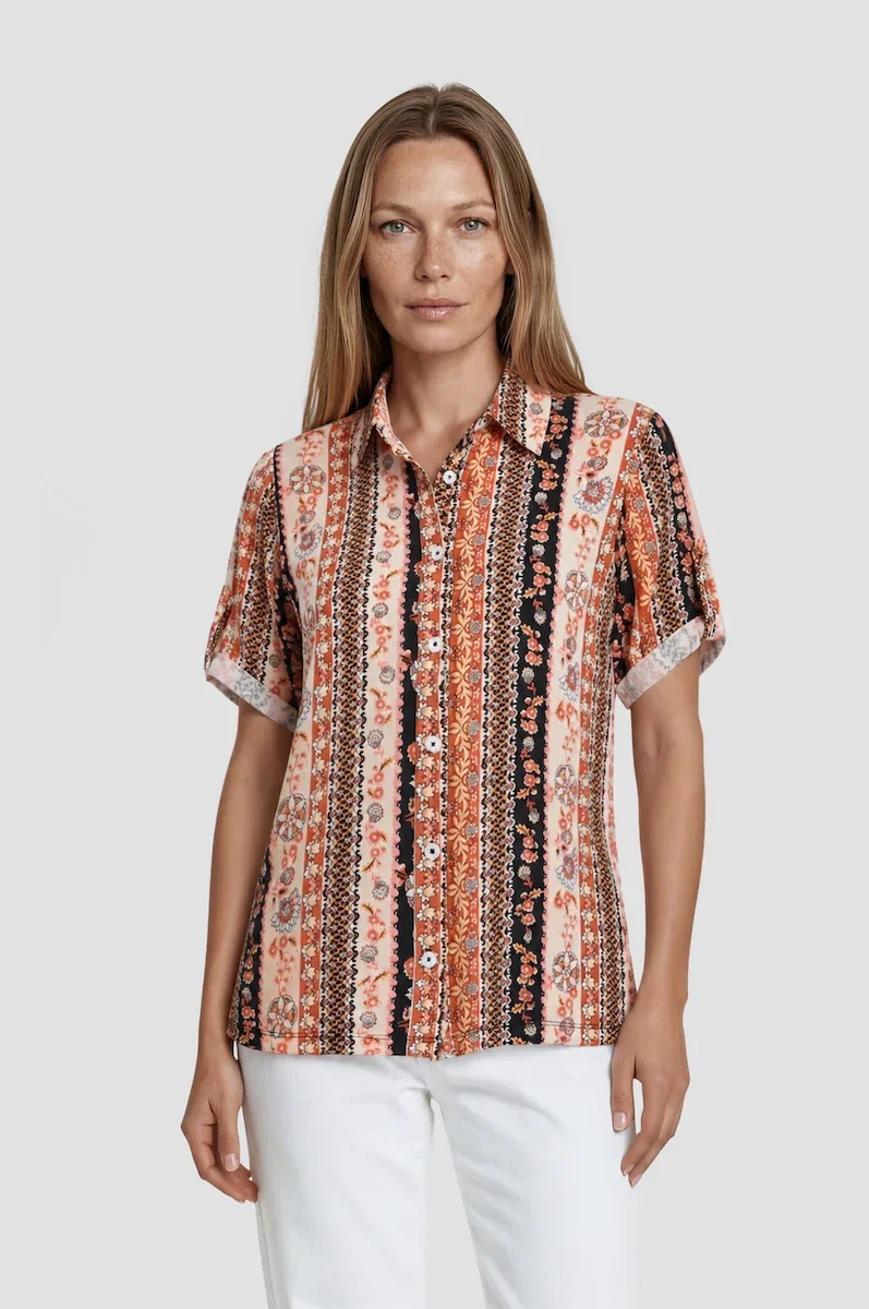 Image of Printed Button Up Short Sleeve Shirt - Orange