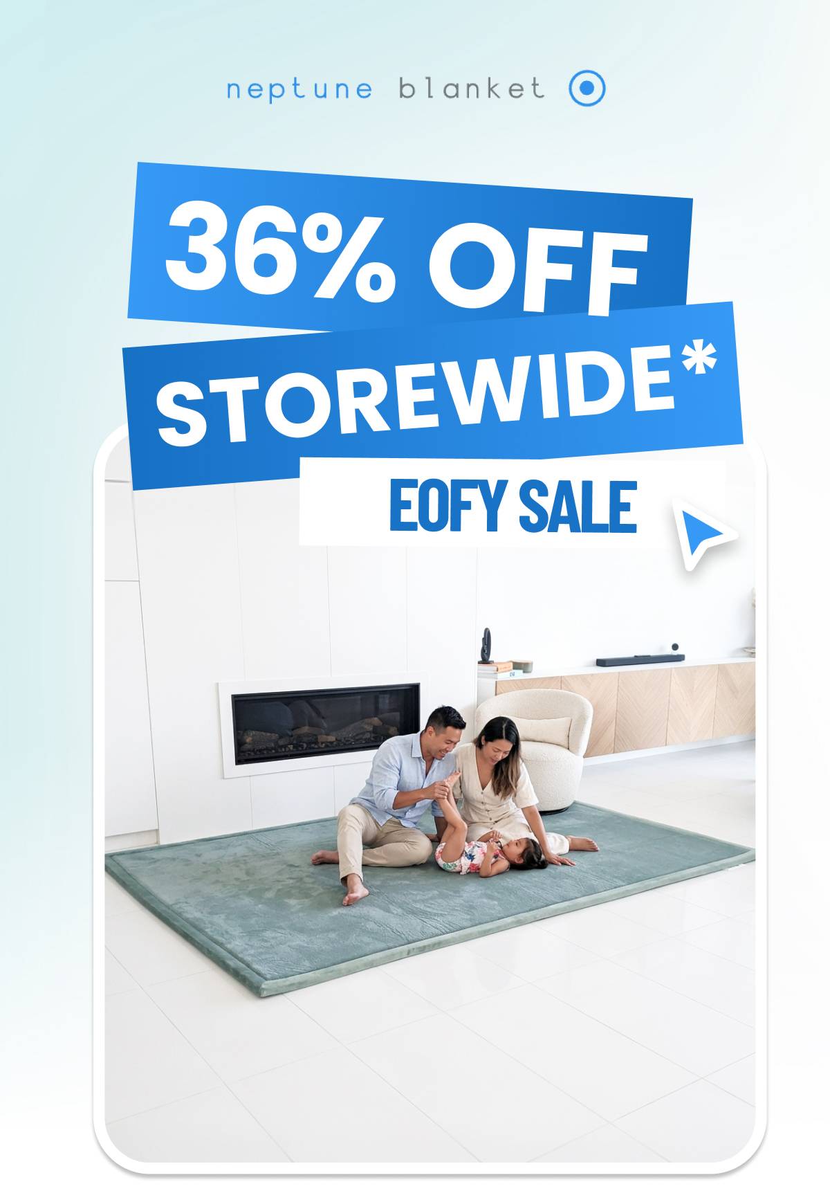 A family of three sits on a teal rug in a bright, modern living room with a fireplace and white cabinetry, as text overlays announce 'neptune blanket'...