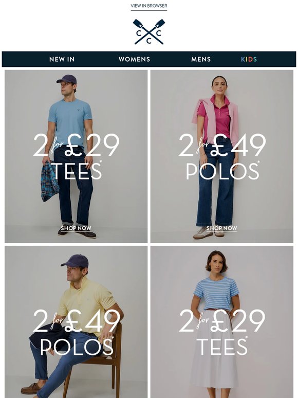 IT’S BACK: 2 for £29 tees & 2 for £49 polos