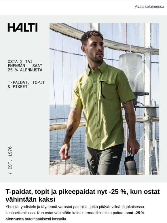 Nyt -25 % t-paidat, topit ja pikeet