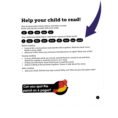 Each Phonics Book Bag Reader contains a 'Help your child to read' page at the front of the book which highlights tricky words in the text.