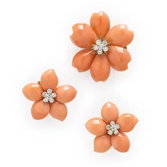 Van Cleef & Arpels, 'Rose de Noël', Coral and Diamond Brooch and Earrings