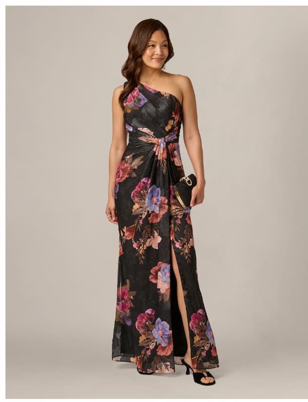 One Shoulder Knot Waist Floral Chiffon Gown In Black Multi