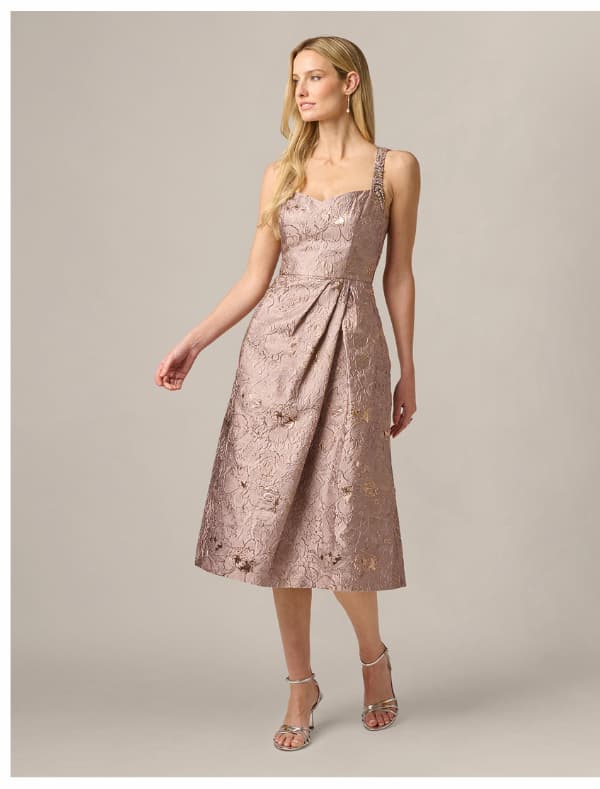 Metallic Jacquard Rhinestone Strap Midi Dress In Candied Ginger