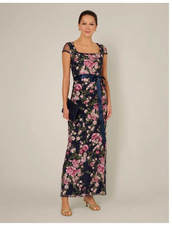 Embroidered Floral Cap Sleeve Column Gown In Navy Blush