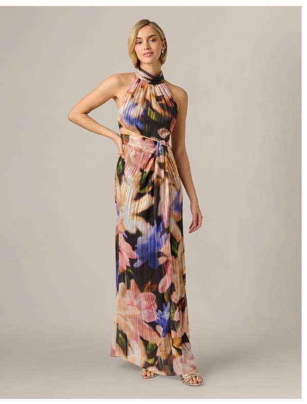 Floral Ribbon Chiffon Halter Mermaid Gown In Black Multi