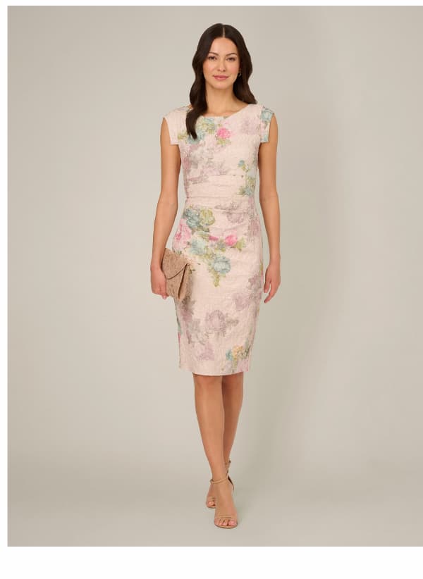 Metallic Floral Matelasse Midi-Length Sheath Cocktail Dress In Marble Multi