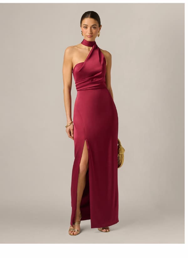 Stretch Satin Asymmetrical Halter Gown In Crimson Haze