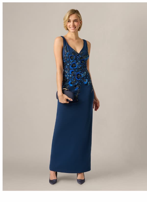 Pansy Floral Beaded Stretch Crepe Gown In Light Navy
