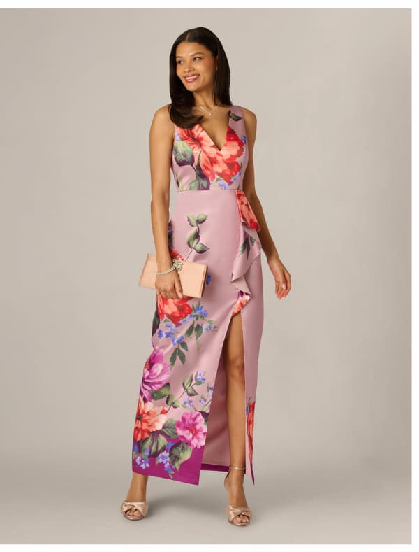 Floral Mikado Draped Column Gown In Mauve Multi