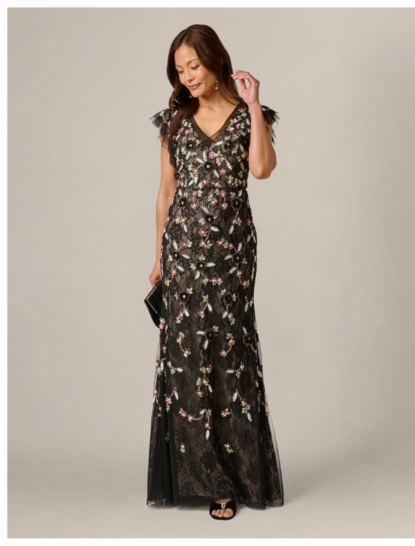 Flutter Sleeve Floral Sequin Beaded Lace Gown In Black Blush Multi