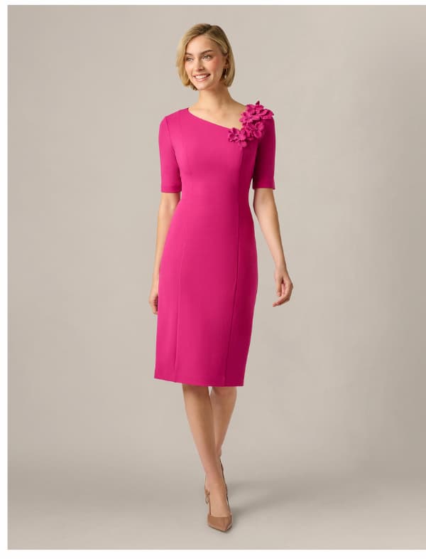 Short Sleeve 3D Floral Stretch Crepe Sheath Dress In Bright Magenta