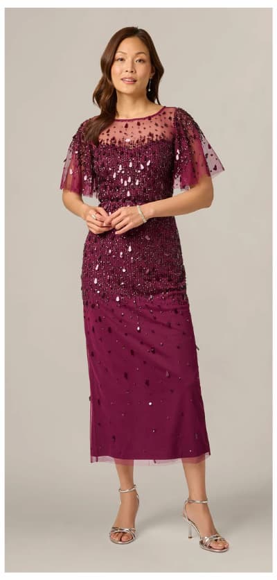 Flutter Sleeve Sequin Beaded Midi Dress In Bordeaux