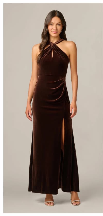 Velvet Keyhole Halter Mermaid Gown In Dark Brown