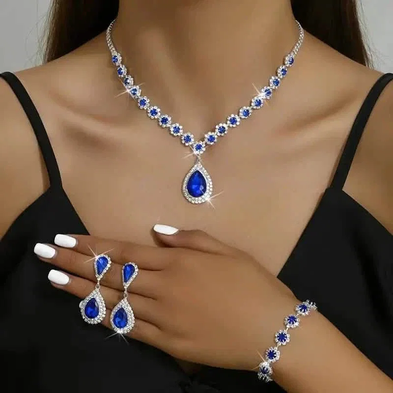 Image of 3-Piece Set: Elegant Bridal Jewelry Set - Rhinestone-Encrusted Earrings, Necklace & Bracelet Combo