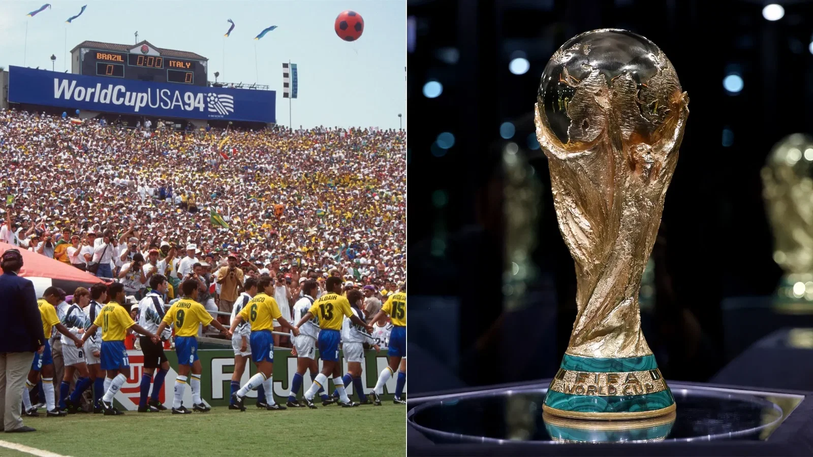 17 July 1994, Pasadena, FIFA World Cup Final, Brazil v Italy - the Brazilian team hold hands as they walk out at the Rose Bowl before the match. The original trophy is seen at the FIFA World Cup 26 Trophy Tour on May 02, 2026 in Houston, Texas.