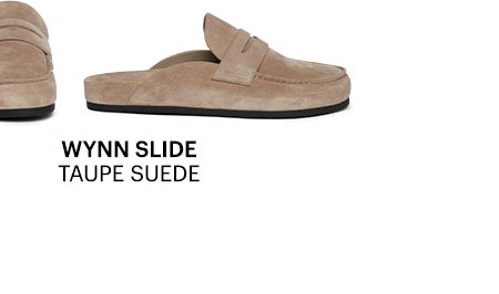 Wynn Slide in Taupe Suede.