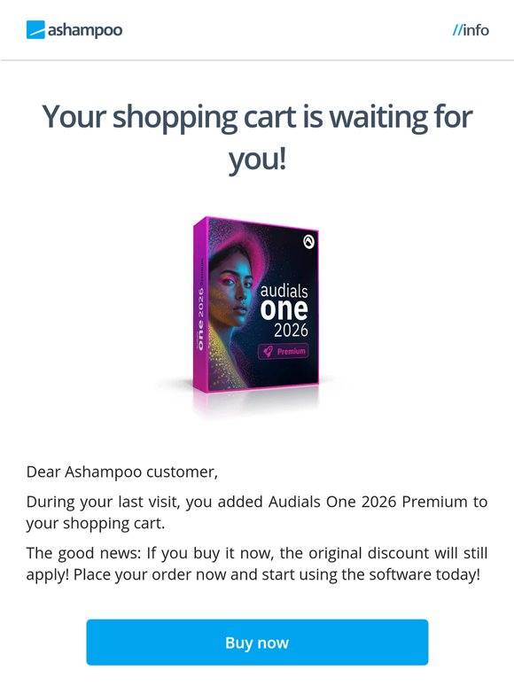 Quick reminder: Your shopping cart is waiting for you! Audials One 2026 Premium