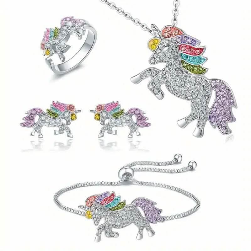 Image of Colorful Cartoon-Themed Unicorn Earrings, Necklace, Ring & Bracelet Jewelry Set