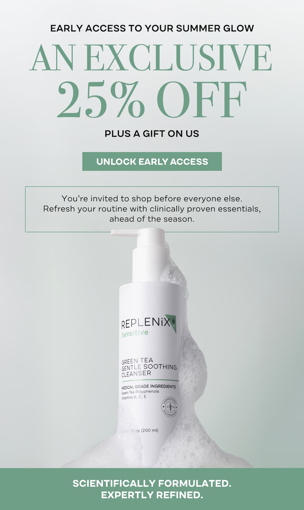 Replenix Summer Glow Event featuring 25% off sitewide plus free Gly-Sal 5-2 Clarifying Pads, cosmetic pouch, and mirror on qualifying $99+ purchases.