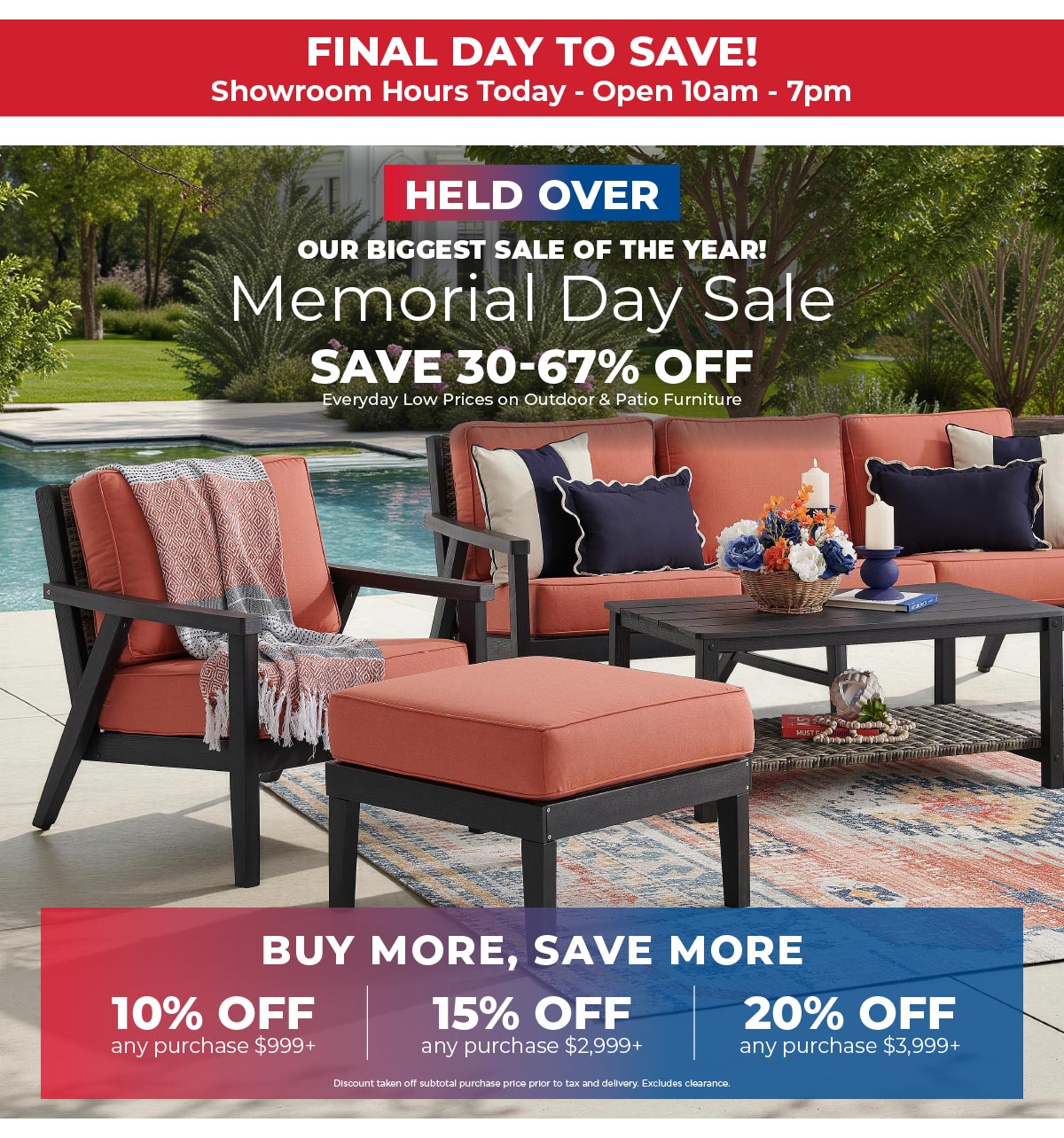 Memorial Day Sale - save 30-67% off patio furniture 