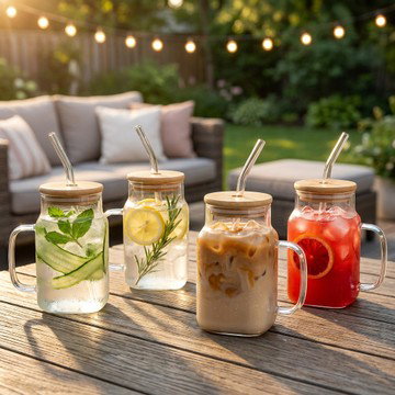 4-Pack Glass Tumblers with Handles, Wooden Lids and Straws