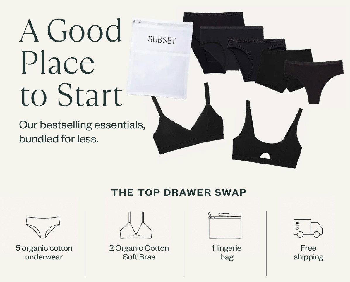 Wirecutter's Top Pick: Subset Organic Cotton Top Drawer Swap bundle — 5 underwear, 2 bras, 1 lingerie bag for $200. Editorial press feature.