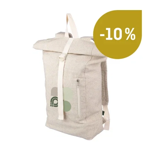 Zaino beige con chiusura a patta e tasca frontale con cerniera