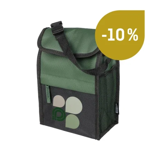 Borsa termica verde e nera con tracolla regolabile e logo geometrico sul davanti