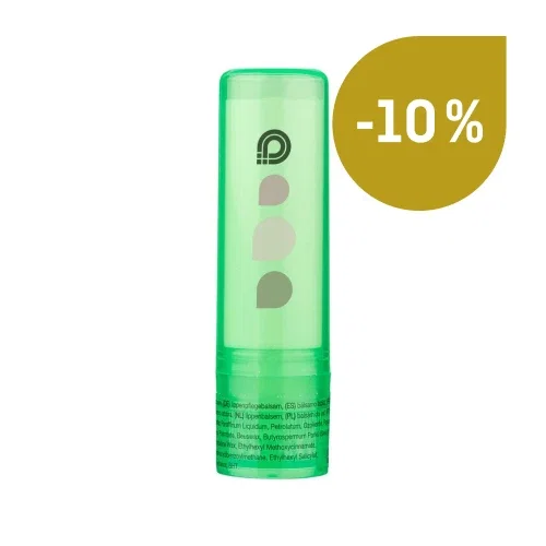 Stick per la cura delle labbra con confezione verde trasparente e simbolo stilizzato in verticale