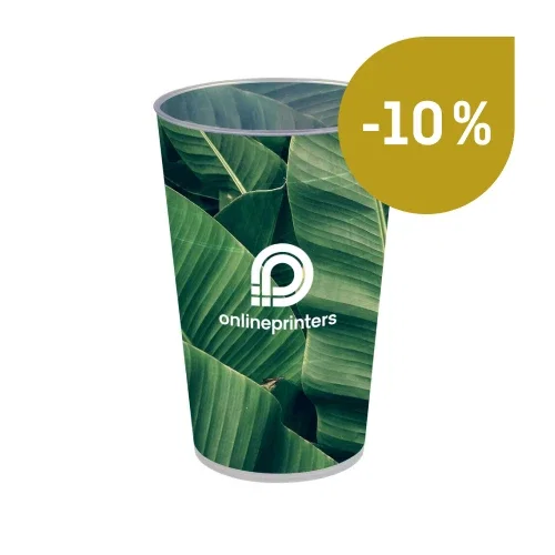 Bicchiere con motivo di foglie verdi e logo onlineprinters con etichetta gialla '-10%'