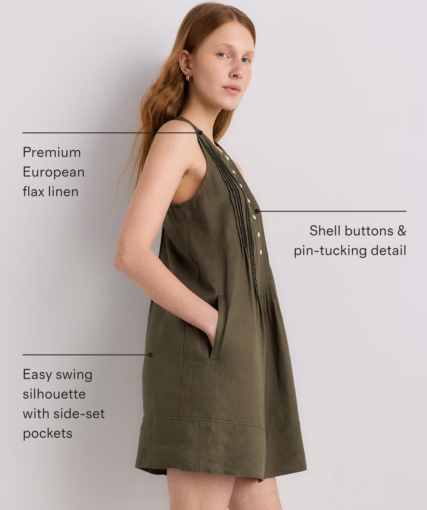 Premium European flax linen | Shell buttons & pin-tucking detail | Easy swing silhouette with side-set pockets
