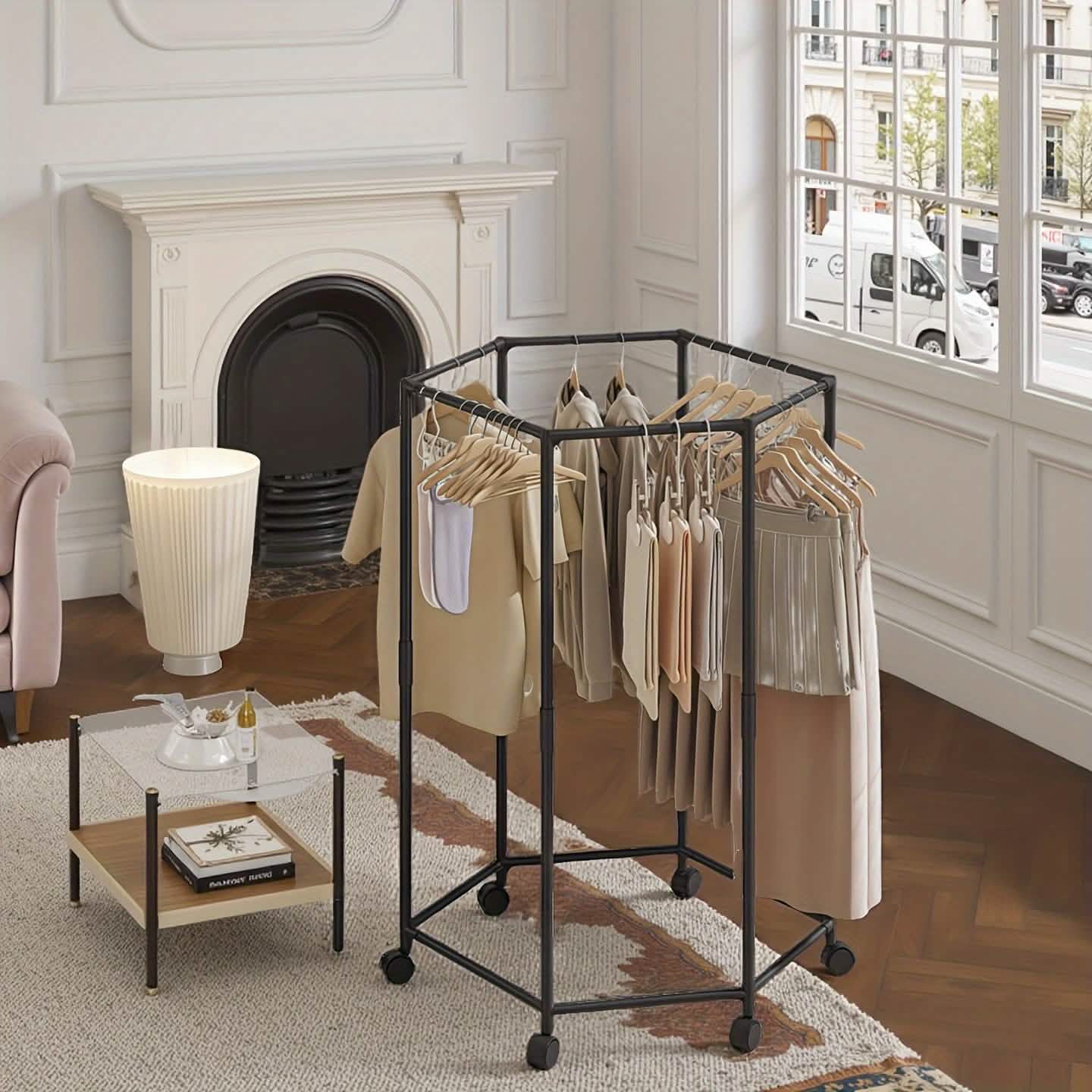 Image of 360° Rotating Freestanding Clothing Rack – Hexagonal Carbon Steel Organizer with Wheels