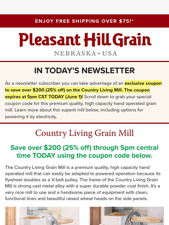 ⏰ Last 6 Hours for $200 Off Country Living Mill! — PHG News