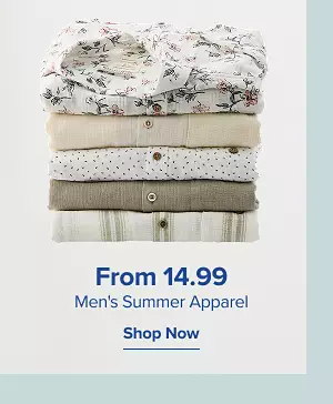 From 14.99 mens summer apparel. Shop now. Different folded button down shirts.