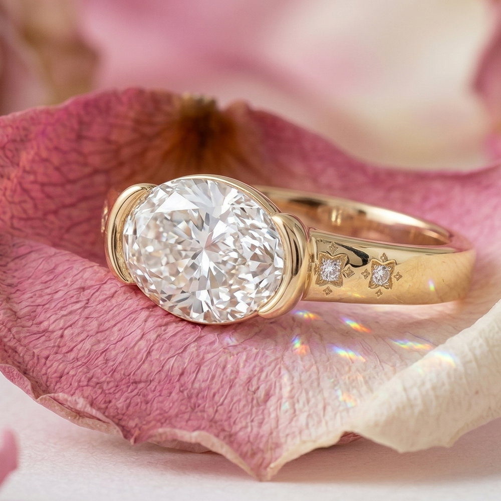 Italo Nebula Half Bezel Oval Cut Engagement Ring For Women