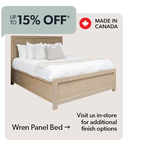 Up to 15 percent off. Featured Wren Panel Bed. Click to shop now.