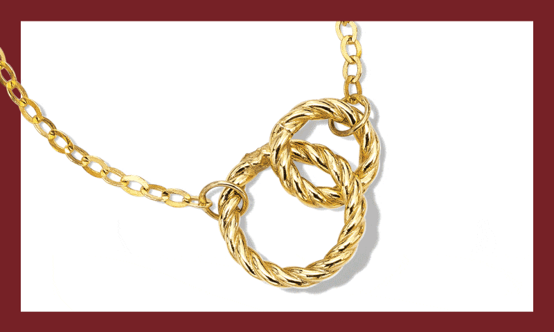 Animated GIF featuring a gold and necklace and gemstone rings, showing chain links, toggle clasps, and colored stones.