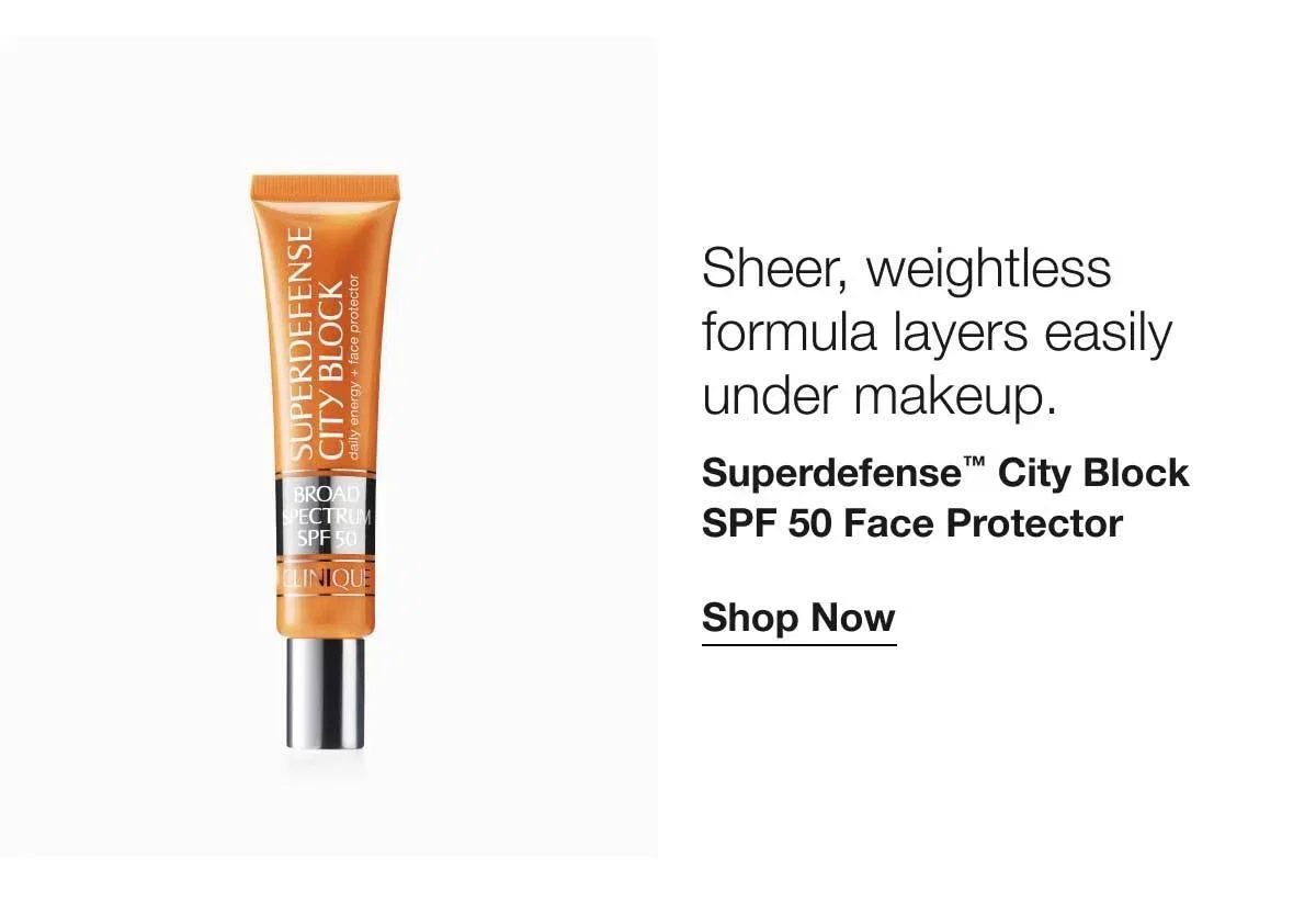 Sheer, weightless formula layers easily under makeup. | Superdefense™ City Block SPF 50 Face Protector | Shop Now