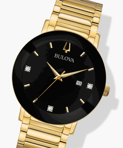 Bulova watch with black dial, diamond markers, and gold-tone bracelet.