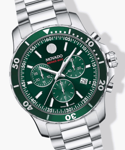 Movado Series 800 chronograph watch with green dial, stainless steel bracelet, and date display.