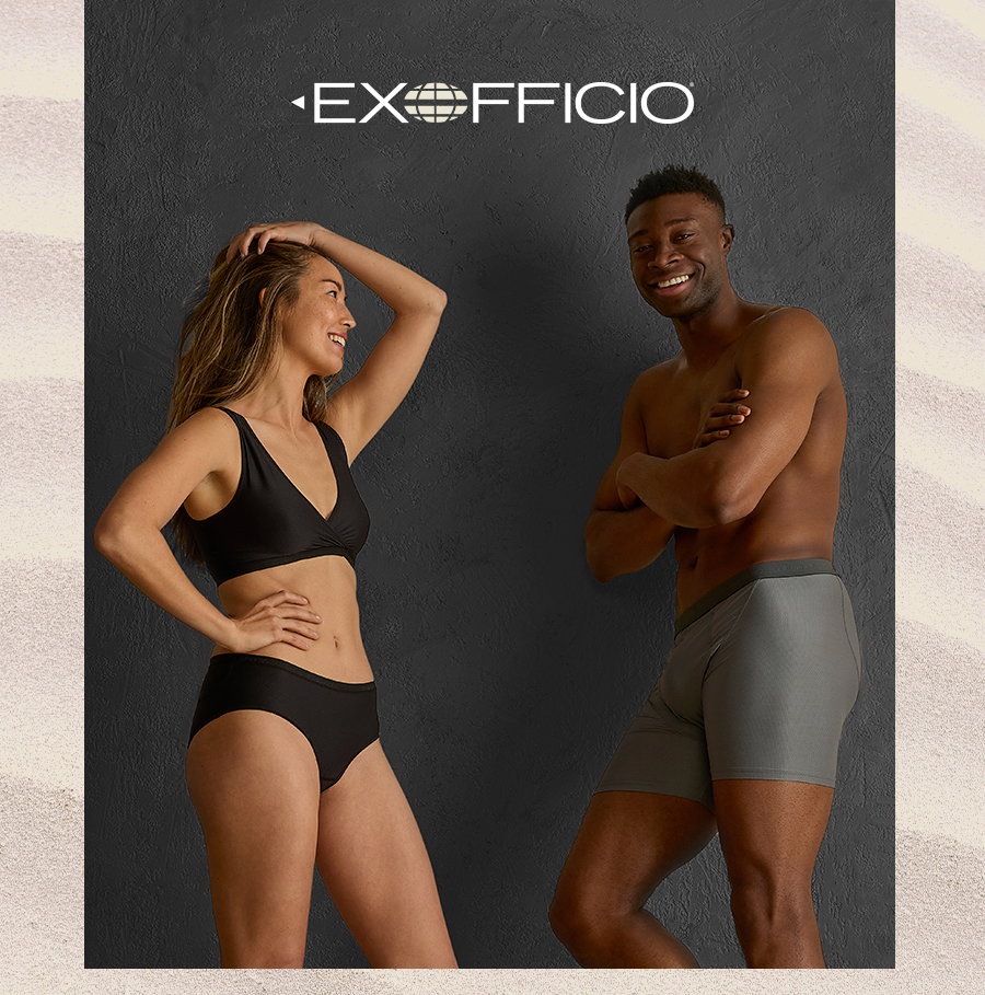 ExOfficio logo at top with two models wearing black and grey underwear posing against a dark background.