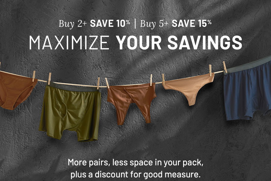 Text offers savings for buying 2 or 5 plus items. Various underwear pairs hang on a clothesline. Message about saving space and getting a discount.