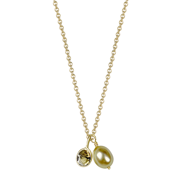 18K Gold Natural Round Diamond Slice and Golden South Sea Keshi Pearl Pendant