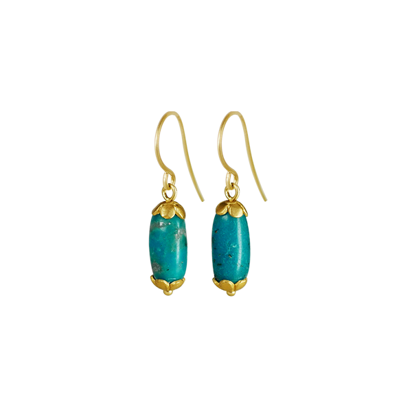 22K Gold Persian Turquoise Bead Earrings with Tiny Flower Caps