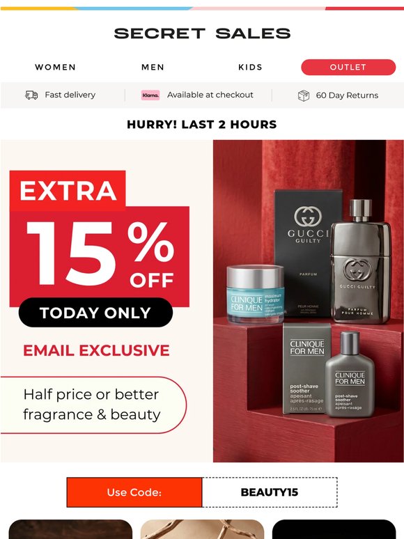 Last 2 Hours Extra 15% off Beauty & Fragrance