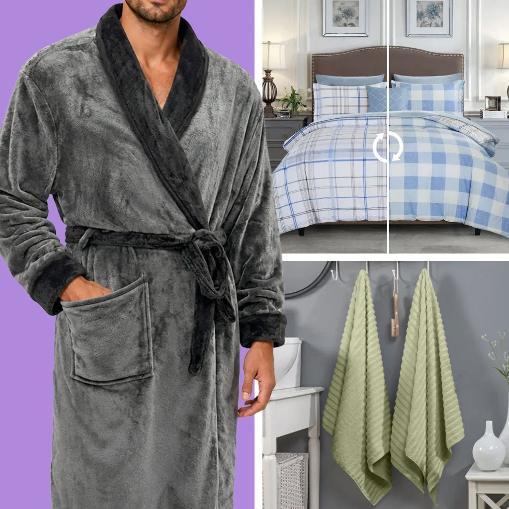 Elegant Comfort's newest collection: gray men's robe, blue plaid bedding, and green textured towels on display.